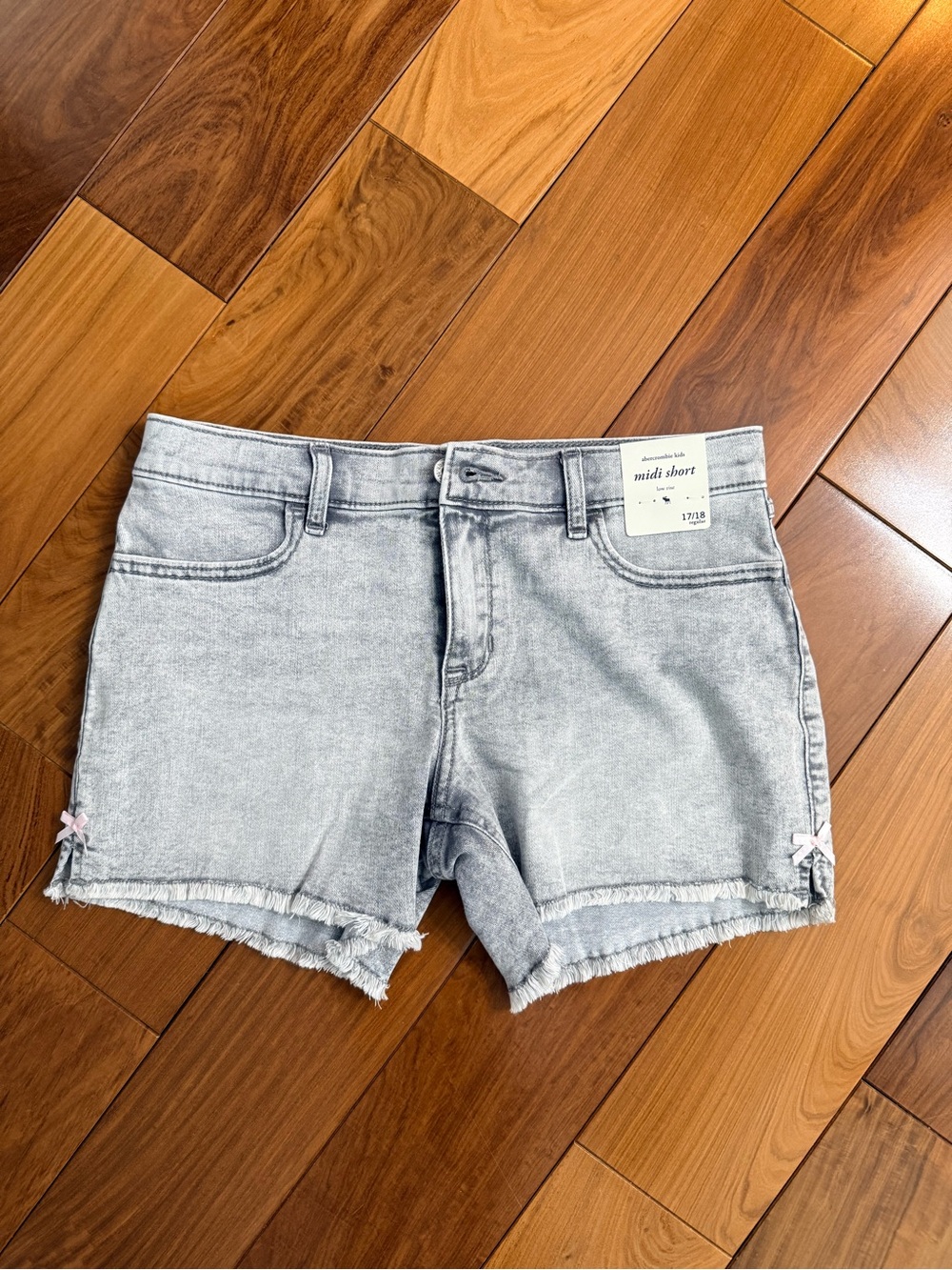 abercrombie kids Light Gray Denim Midi Shorts with Pink Bow Accents